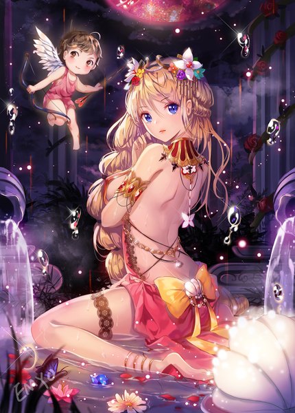 Anime picture 1100x1534 with original greek mythology cupid aphrodite (greek mythology) emyo shell long hair tall image looking at viewer blush fringe short hair breasts blue eyes light erotic blonde hair hair between eyes brown hair large breasts sitting