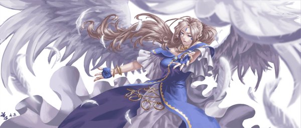 Anime picture 2631x1121 with aa megami-sama anime international company belldandy feitie (artist) single long hair highres blue eyes brown hair wide image angel wings face paint girl dress wings bracelet fingerless gloves feather (feathers)