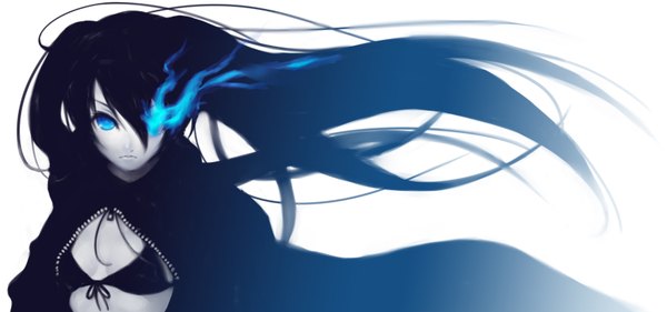 Anime picture 1635x768 with black rock shooter black rock shooter (character) long hair blue eyes black hair simple background wide image white background glowing glowing eye (eyes) girl bikini top