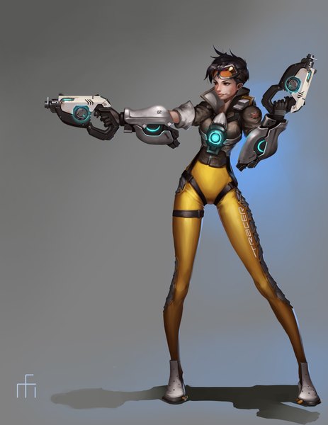 Anime picture 3492x4520 with overwatch blizzard entertainment tracer (overwatch) midfinger22 single tall image highres short hair black hair simple background standing brown eyes looking away absurdres grey background girl weapon gun goggles pistol