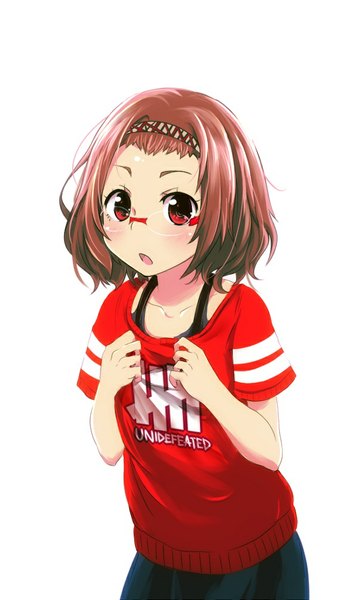 Anime picture 601x1004 with original drpow (artist) single tall image looking at viewer blush short hair open mouth simple background red eyes brown hair white background clothes writing girl glasses t-shirt