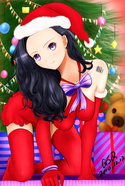 Anime picture 2707x3996 with guogreen (artist) long hair tall image highres black hair purple eyes fur trim christmas girl thighhighs gloves elbow gloves fur toy stuffed animal santa claus hat teddy bear christmas tree bauble