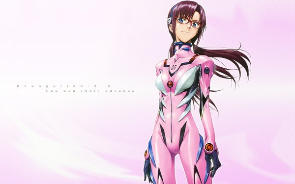 Anime picture 1920x1200 with neon genesis evangelion gainax makinami mari illustrious single long hair looking at viewer highres blue eyes brown hair wide image standing twintails wallpaper copyright name low twintails pink background girl glasses headband bodysuit