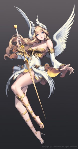 Anime picture 834x1599 with chaos online love cacao single long hair tall image looking at viewer fringe breasts blue eyes light erotic blonde hair simple background bare shoulders lips high heels legs gradient background head wings angel girl