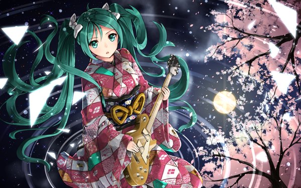 Anime picture 1600x1000 with vocaloid hatsune miku pyz (cath x tech) single looking at viewer twintails very long hair traditional clothes japanese clothes aqua eyes aqua hair girl bow plant (plants) hair bow tree (trees) kimono leaf (leaves) guitar