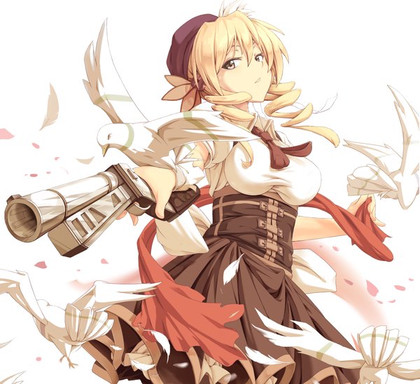 Anime picture 2200x2010 with mahou shoujo madoka magica shaft (studio) tomoe mami single long hair highres blonde hair yellow eyes drill hair girl weapon animal bird (birds) gun feather (feathers) beret rifle musket