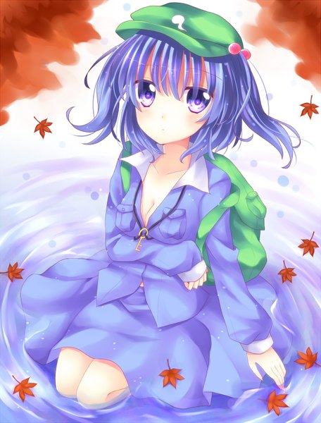 Anime picture 1200x1578 with touhou kawashiro nitori ikeda hazuki single tall image short hair purple eyes blue hair girl skirt water leaf (leaves) skirt set peaked cap backpack autumn leaves key