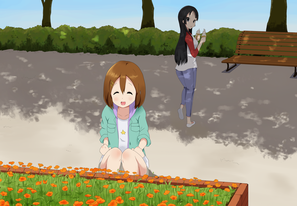 Anime picture 3391x2350 with k-on! kyoto animation akiyama mio hirasawa yui long hair blush highres short hair open mouth black hair brown hair multiple girls absurdres eyes closed looking back girl flower (flowers) 2 girls plant (plants) tree (trees)