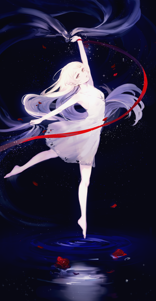 Anime picture 676x1300 with shaft (studio) monogatari (series) oshino shinobu k (sktchblg) single tall image standing bare shoulders yellow eyes cleavage full body white hair very long hair barefoot standing on one leg spread arms ripples dancing girl dress