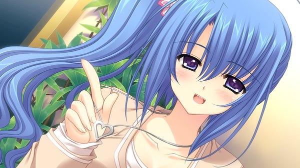 Anime picture 1280x720 with world wide love! (game) munemoto tsubakiko long hair blush open mouth wide image purple eyes blue hair game cg ponytail girl