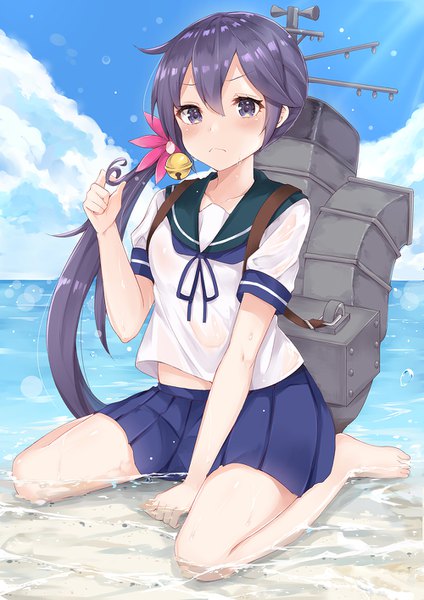 Anime picture 1000x1414 with kantai collection akebono destroyer coffeedog single long hair tall image looking at viewer blush fringe blue eyes light erotic hair between eyes sitting blue hair sky cloud (clouds) ponytail pleated skirt barefoot hair flower