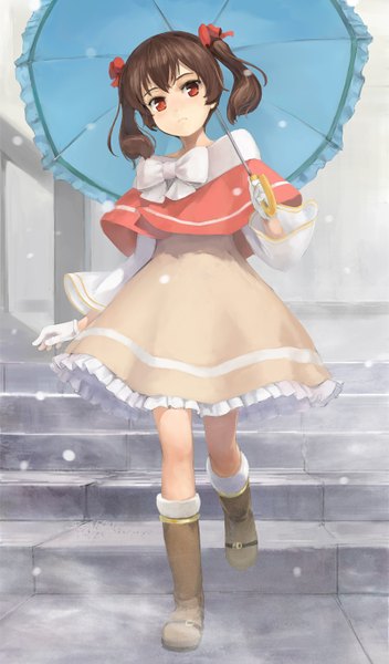 Anime picture 800x1360 with original kuroko (piii) single tall image short hair red eyes brown hair twintails looking away short twintails snowing winter snow walking girl dress gloves bow hair bow frills