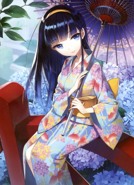 Anime picture 2876x3959 with original salt (salty) single tall image highres breasts blue eyes sitting holding looking away purple hair traditional clothes japanese clothes light smile rain girl hair ornament flower (flowers) hairband kimono