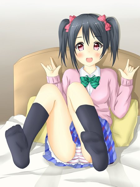Anime picture 600x800 with love live! school idol project sunrise (studio) love live! yazawa nico tear yu single tall image blush fringe short hair open mouth light erotic black hair smile twintails pink eyes pantyshot short twintails pantyshot sitting mmm