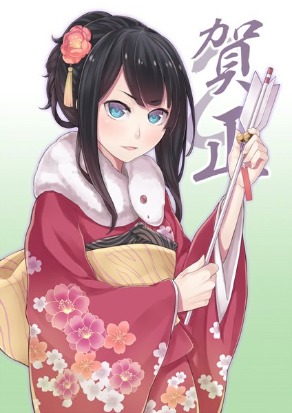 Anime picture 706x1000 with original ray-akila single long hair tall image blue eyes black hair traditional clothes japanese clothes hair flower girl hair ornament flower (flowers) kimono obi arrow (arrows) fur-trimmed kimono hamaya