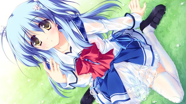 Anime picture 1024x576 with strawberry nauts single long hair wide image sitting twintails yellow eyes blue hair game cg wariza short twintails girl thighhighs uniform hair ornament school uniform white thighhighs