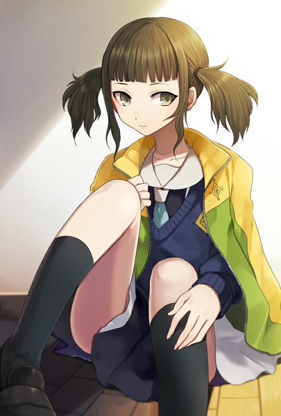 Anime picture 676x1000 with prince of tennis shiraishi yukari harano single tall image looking at viewer short hair brown hair twintails brown eyes short twintails girl skirt uniform school uniform socks black socks sweater