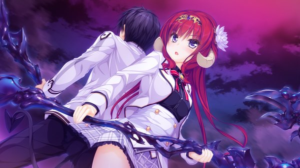 Anime picture 1920x1080 with world election whirlpool (studio) sophia usty long hair blush highres short hair open mouth blue eyes black hair wide image game cg red hair tail horn (horns) girl boy skirt uniform weapon