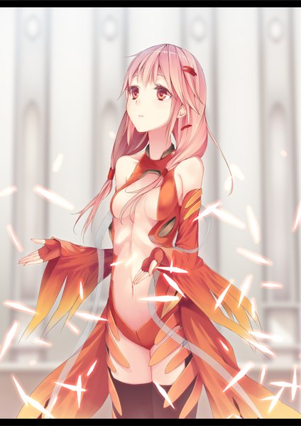 Anime picture 1062x1502 with guilty crown production i.g yuzuriha inori minase yuu single long hair tall image breasts light erotic red eyes pink hair letterboxed center opening girl thighhighs navel hair ornament black thighhighs detached sleeves hairclip