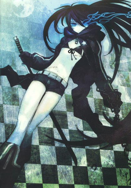 Anime picture 2424x3481 with black rock shooter black rock shooter (character) huke single long hair tall image highres blue eyes black hair twintails scan midriff glowing scar glowing eye (eyes) pale skin girl navel weapon sword