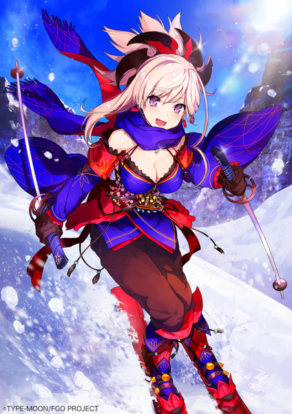 Anime picture 707x1000 with fate (series) fate/grand order miyamoto musashi (fate) mika pikazo single long hair tall image looking at viewer breasts open mouth light erotic large breasts purple eyes sky cleavage silver hair ponytail sunlight winter snow