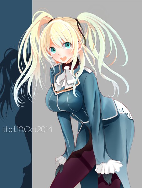 Anime picture 1510x2000 with kantai collection atago heavy cruiser tebi (tbd11) single long hair tall image blush breasts open mouth blue eyes blonde hair large breasts twintails signed teeth leaning leaning forward dated alternate hairstyle 2014