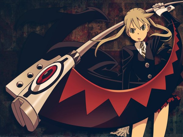 Anime picture 1280x960 with soul eater studio bones maka albarn soul eater evans single long hair looking at viewer fringe open mouth blonde hair standing twintails holding green eyes pleated skirt arm up floating hair serious girl skirt