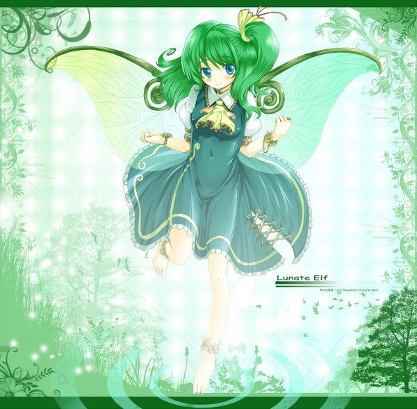 Anime picture 1500x1473 with touhou daiyousei arudehido single blush blue eyes barefoot green hair one side up girl hair ornament wings bracelet