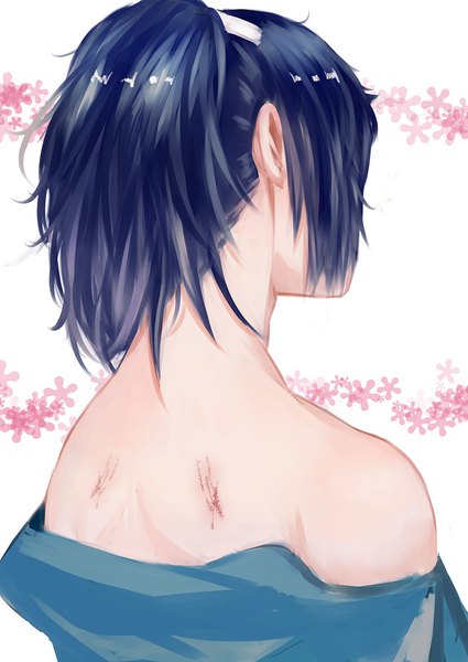 Anime picture 794x1122 with touken ranbu nitroplus yamato no kami yasusada kitsune (pixiv5601263) single long hair tall image white background bare shoulders blue hair upper body ponytail from behind off shoulder floral background boy flower (symbol) scratch