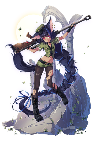 Anime picture 595x842 with original kyara36 single tall image looking at viewer black hair simple background red eyes standing white background holding signed animal ears blue hair full body bent knee (knees) tail very long hair head tilt animal tail
