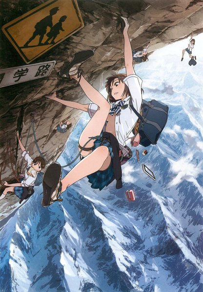 Anime picture 1249x1800 with original mebae long hair tall image breasts open mouth light erotic brown hair multiple girls holding cloud (clouds) no bra mouth hold mountain convenient censoring partially open clothes convenient leg toast in mouth climbing girl