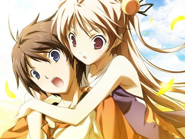 Anime picture 1024x768 with baldr (series) baldr sky baldr sky dive 2 giga minazuki sora open mouth blue eyes blonde hair red eyes bare shoulders game cg cloud (clouds) sunlight couple hug hug from behind hair bell girl boy hair ornament