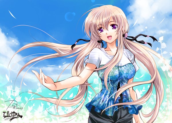 Anime picture 1668x1200 with long hair open mouth blonde hair purple eyes girl ribbon (ribbons)
