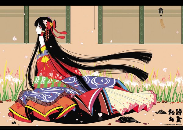 Anime picture 1200x857 with touhou hakurei reimu ideolo single looking at viewer black hair red eyes bare shoulders very long hair japanese clothes profile wind letterboxed girl flower (flowers) bow hair bow petals kimono