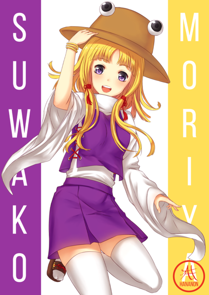 Anime picture 600x848 with touhou moriya suwako hananon single long hair tall image blush fringe blonde hair smile purple eyes bent knee (knees) character names girl thighhighs skirt hat white thighhighs bracelet skirt set