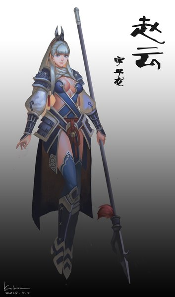 Anime picture 1179x2000 with kalata single long hair tall image looking at viewer fringe breasts blue eyes light erotic simple background standing grey hair girl weapon armor bell jingle bell spaulder (spaulders) spear vambraces