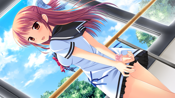 Anime picture 1280x720 with natsu koi high pressure shinonome misaki ayamisiro single long hair looking at viewer blush open mouth brown hair wide image brown eyes game cg sky cloud (clouds) looking back dutch angle turning head hands behind back half updo covering