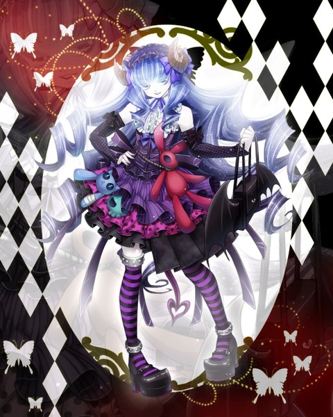 Anime picture 1024x1280 with original rinko (mg54) single long hair tall image blue eyes smile blue hair horn (horns) drill hair bat wings rhombus girl thighhighs dress bow detached sleeves boots hairband insect