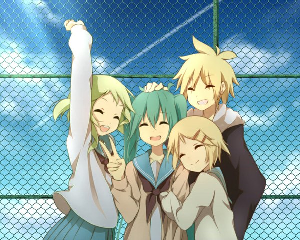 Anime picture 1000x800 with vocaloid hatsune miku kagamine rin kagamine len gumi pachi (sugiyama0306) long hair short hair open mouth blonde hair smile twintails multiple girls sky cloud (clouds) eyes closed green hair aqua hair victory hand on head