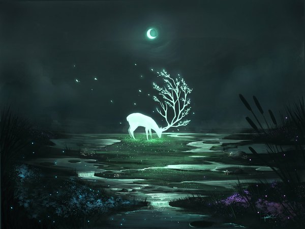 Anime picture 1024x768 with ninjatic single signed sky horn (horns) glowing landscape crescent river flower (flowers) plant (plants) petals water grass branch deer