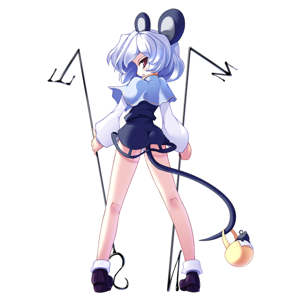 Anime picture 1447x1447 with touhou nazrin torisan single blush short hair light erotic red eyes animal ears silver hair full body tail animal tail profile looking back from behind transparent background girl animal basket