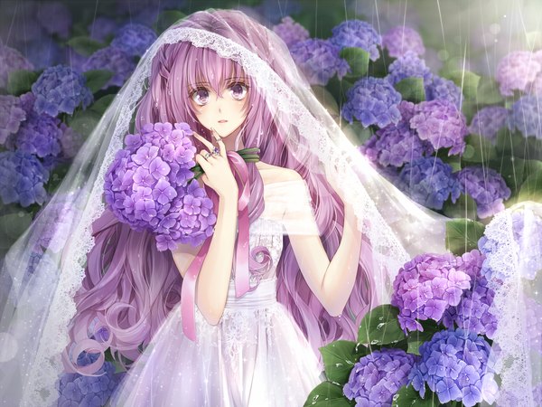 Anime picture 1000x750 with original hagiwara rin single long hair looking at viewer open mouth purple eyes purple hair rain girl dress flower (flowers) ring bouquet hydrangea