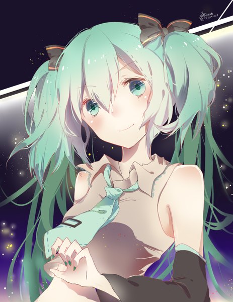 Anime picture 2480x3212 with vocaloid hatsune miku snail (artist) single long hair tall image looking at viewer blush fringe highres twintails bare shoulders nail polish aqua eyes aqua hair shiny girl bow hair bow detached sleeves
