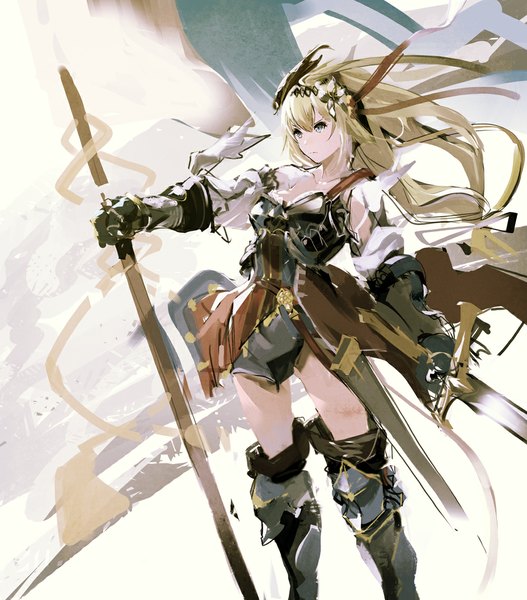 Anime picture 1000x1137 with granblue fantasy jeanne d'arc (granblue fantasy) so-bin single long hair tall image fringe brown hair standing holding tail hair flower midriff zettai ryouiki floating hair pale skin outstretched hand serious sketch knight