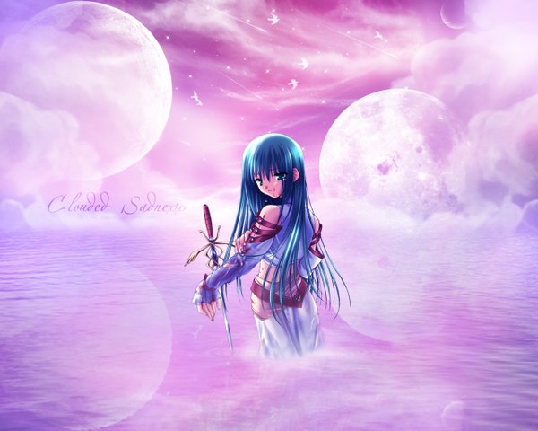 Anime picture 1280x1024 with platinum wind fannil eternallegend single long hair looking at viewer fringe blue eyes hair between eyes bare shoulders payot blue hair sky cloud (clouds) outdoors head tilt inscription midriff partially submerged lens flare