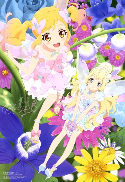 Anime picture 4091x5932 with aikatsu! aikatsu stars! nijino yume shiratori hime watanabe satomi long hair tall image blush highres open mouth blue eyes blonde hair smile twintails multiple girls yellow eyes absurdres multicolored hair two-tone hair official art