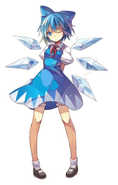 Anime picture 744x1158 with touhou cirno yayin (yayin233) single tall image short hair blue eyes simple background white background blue hair one eye closed wink hands behind back girl dress bow hair bow wings socks white socks
