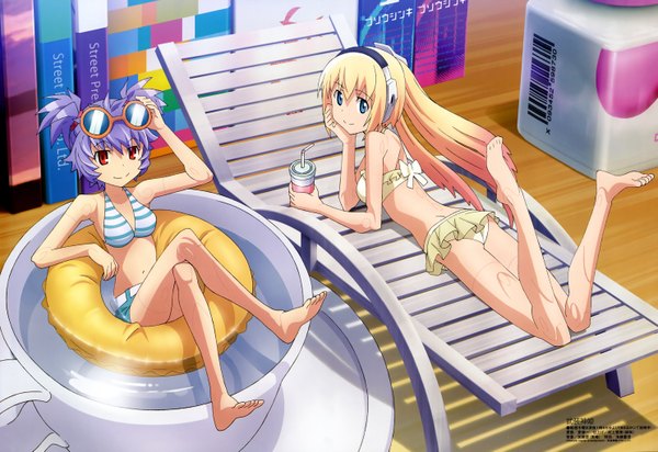 Anime picture 5939x4084 with busou shinki megami magazine arnval altines hara shuuichi long hair highres short hair blue eyes blonde hair red eyes twintails multiple girls absurdres purple hair barefoot official art short twintails afloat humanization
