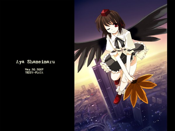 Anime picture 1280x960 with touhou shameimaru aya seo tatsuya single looking at viewer short hair red eyes brown hair sky full body one eye closed light smile character names city cityscape flying black wings midair girl wings