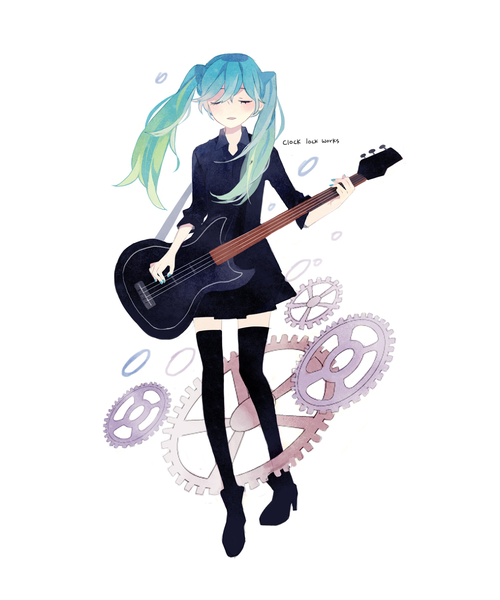 Anime picture 1000x1200 with vocaloid clock lock works (vocaloid) hatsune miku kyang692 single long hair tall image simple background white background twintails eyes closed nail polish aqua hair girl thighhighs black thighhighs boots guitar gears